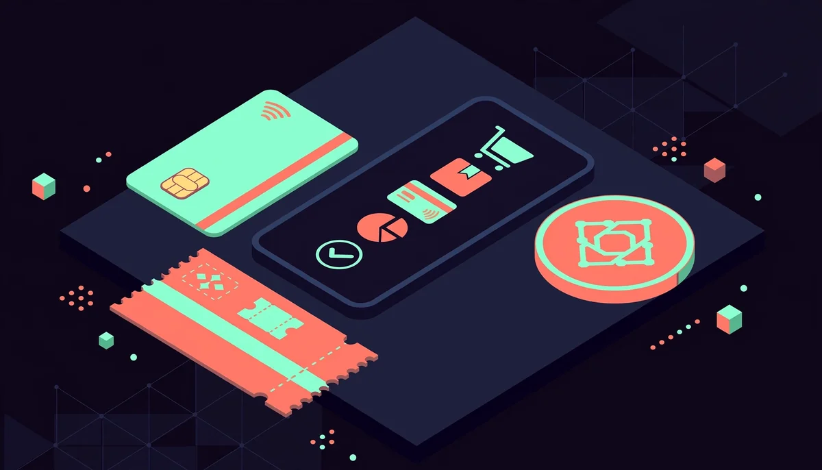 Isometric scene of phone, card, coin, and voucher